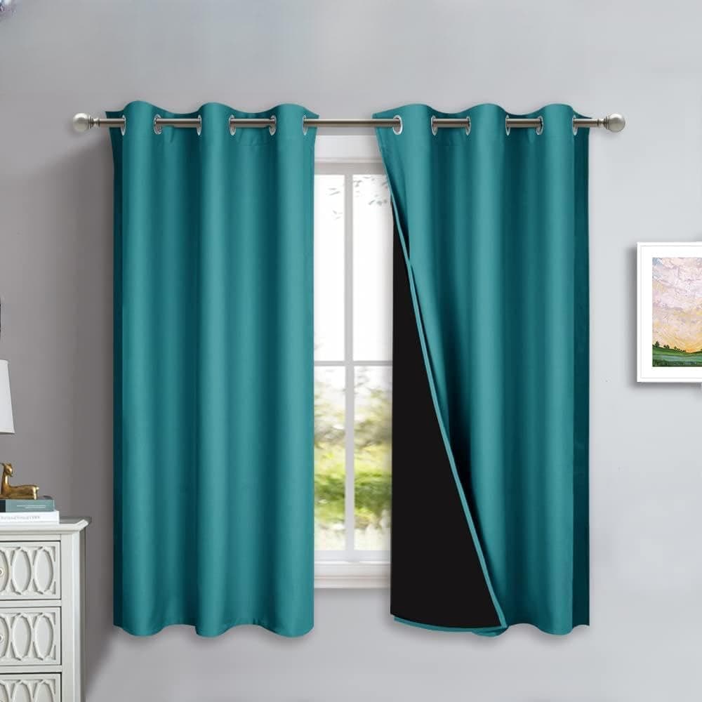NICETOWN 100% Blackout Short Curtains with Black Liners, 2 Panels, 37" W by 40" L, Peacock Teal, Solid Thermal Insulated Full Blackout 2-Layer Lined Drapes, Energy Efficiency Window Drapes for Bedroom - 55% off