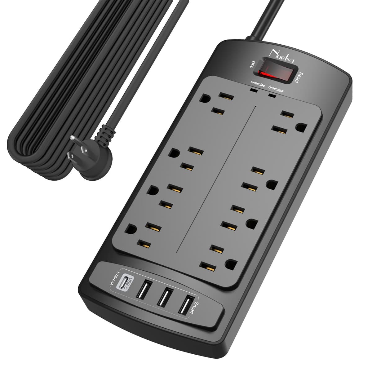 Surge Protector Power Strip - Nuetsa Flat Plug Extension Cord with 8 Outlets and 4 USB Ports, 20 Feet Power Cord (1625W/13A), 2700 Joules, ETL Listed, Black - 63% off