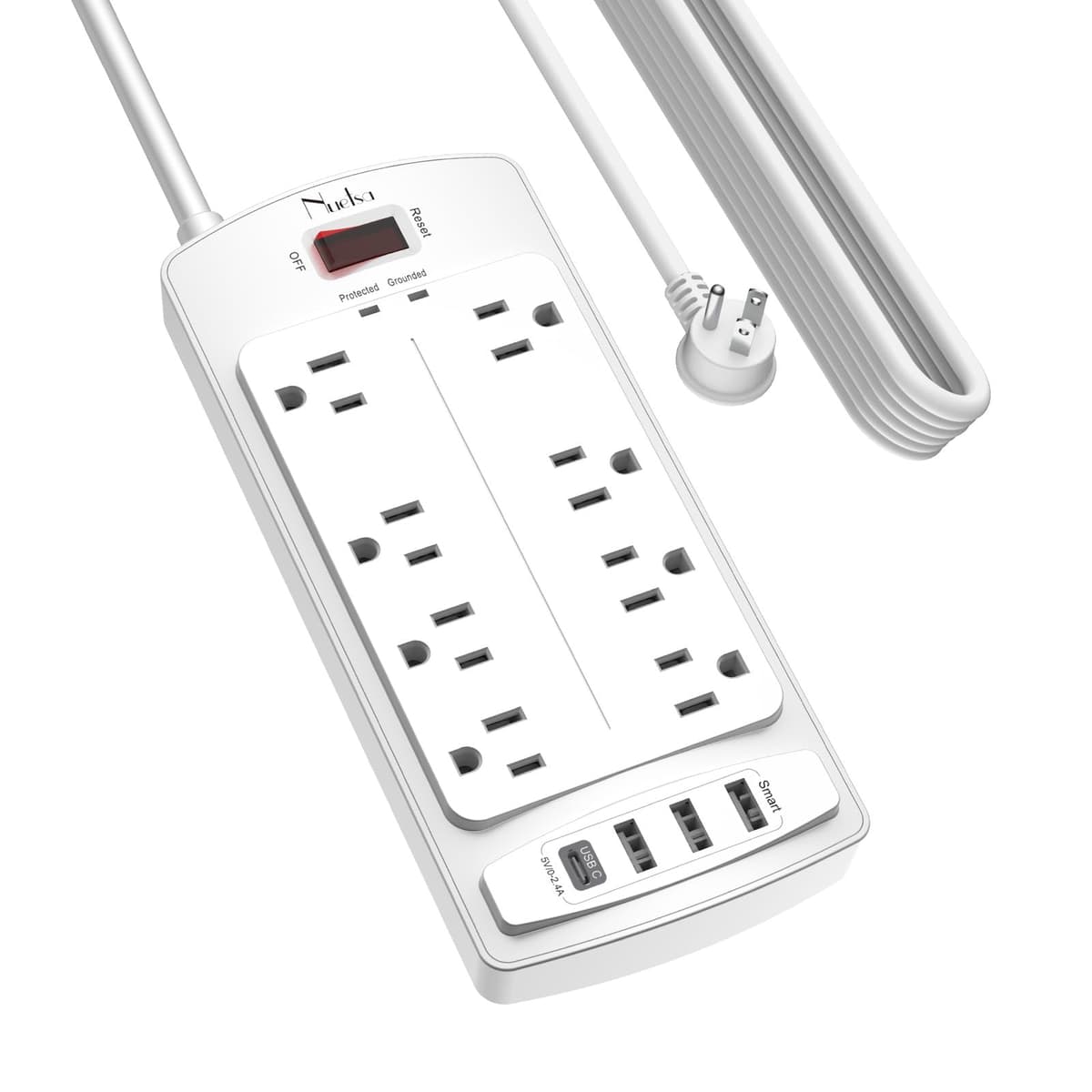 Surge Protector Power Strip - Nuetsa Flat Plug Extension Cord with 8 Outlets and 4 USB Ports, 20 Feet Power Cord (1625W/13A), 2700 Joules, ETL Listed, White - 50% off