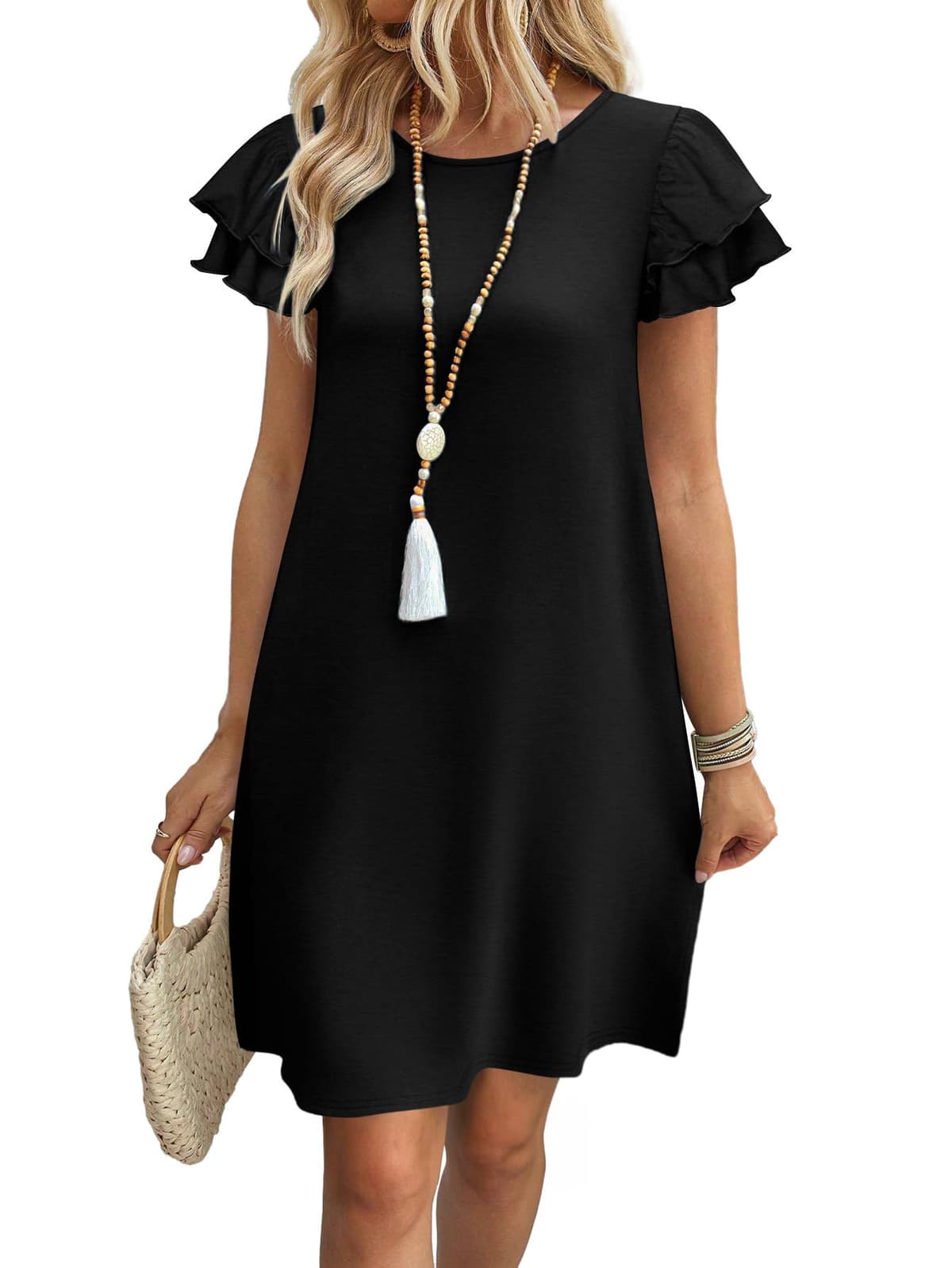 OFEEFAN Womens Summer Dresses 2026 Ruffle Sleeve Round Neck Loose Swing Sundresses with Pockets Plain/Print - 60% off