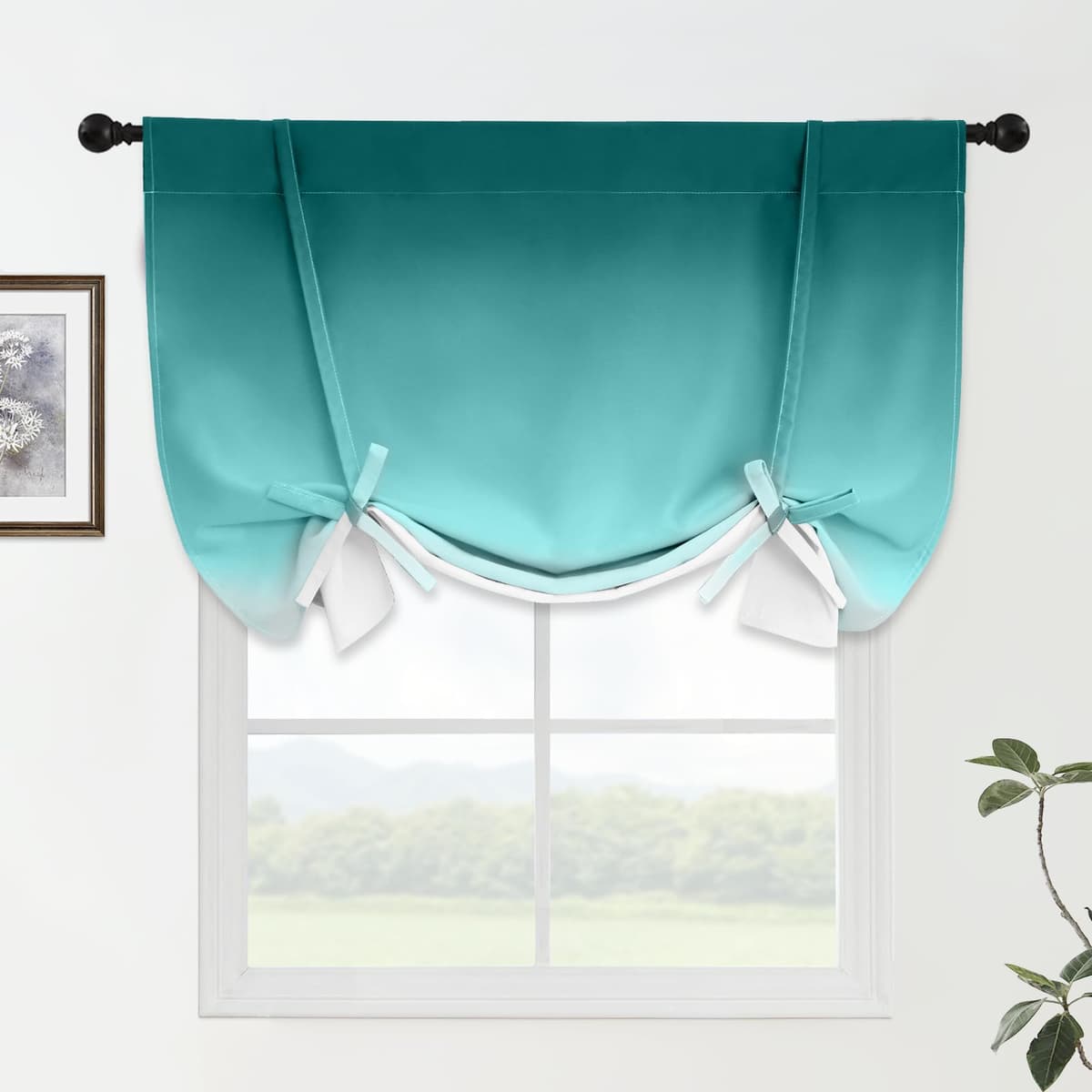 Yakamok Ombre Thermal Insulated Tie Up Curtains for Small Windows Gradient Teal to Grey White Blackout Room Darkening Shades for Bedroom Kitchen Rod Pocket Balloon Curtain W42 X L48 Inches, 1 Panel - 73% off