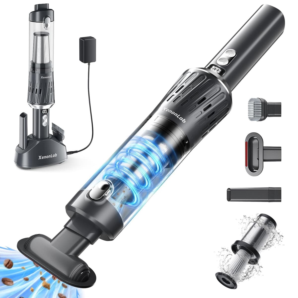 XenonLab Handheld Vacuum Cordless 25000Pa Car Vacuum 3-in-1 Handheld Vacuum, Includes Smart Display and Charging Base Hand Vac Cordless Rechargeable One-Touch Empty for Home/Pet/Car(Silver) - 70% off