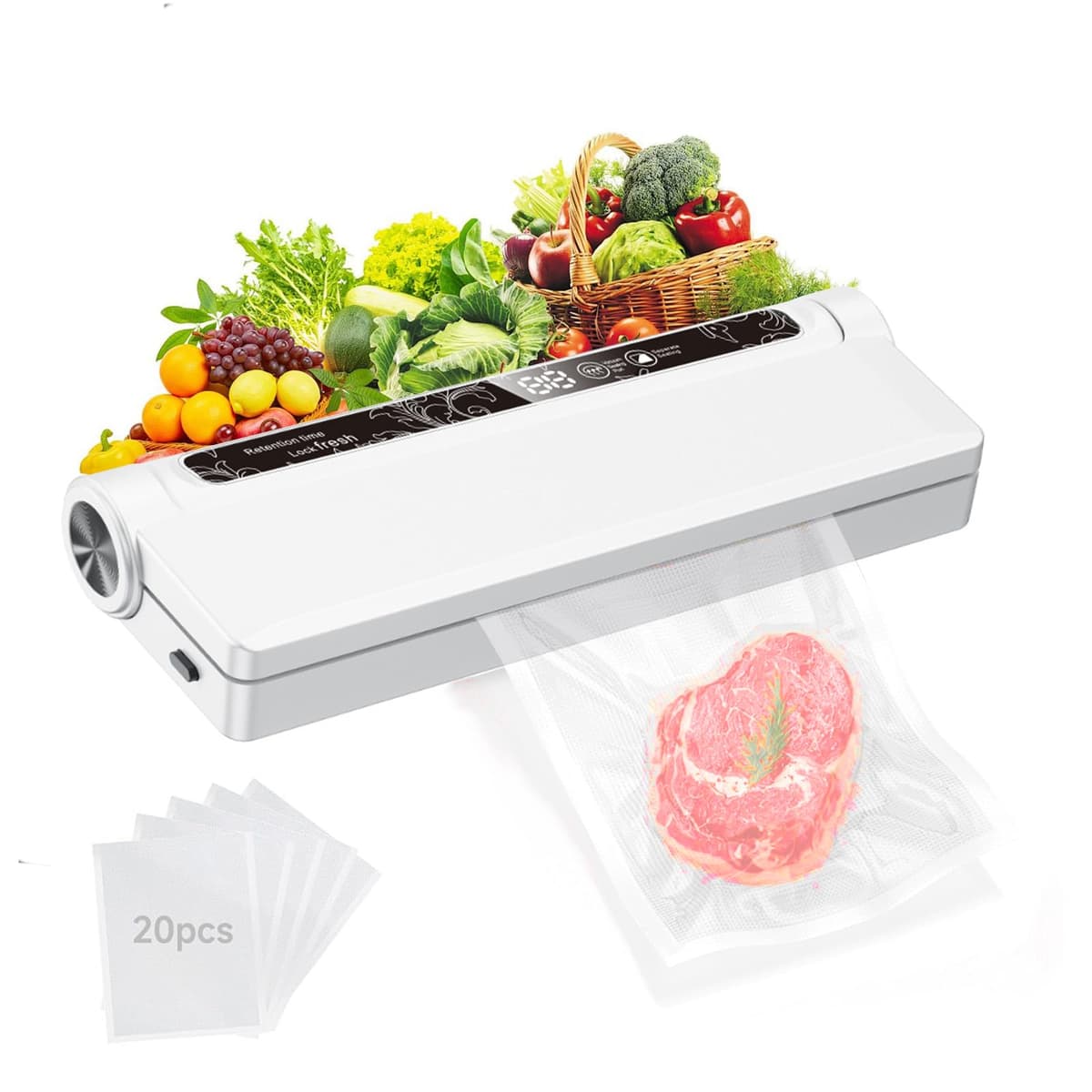 Vacuum Sealer Machine for Food, 75KPA Strong Suction, Moist/Dry Modes, 20 Vacuum Seal Bags for Food, Digital Countdown Timer, Compact Lightweight,with Starter Kits(White) - 75% off