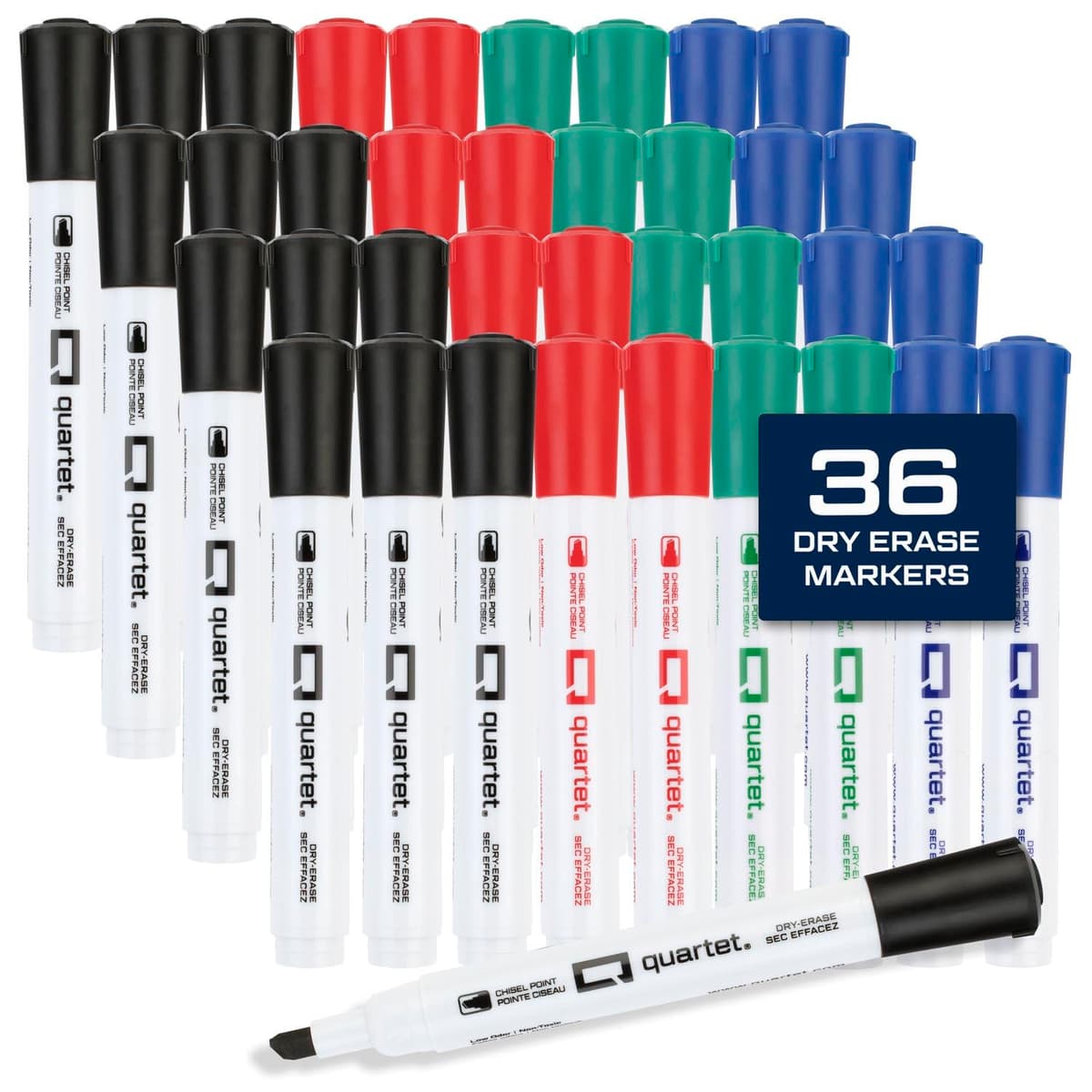 Quartet Dry Erase Markers, Chisel Tip White Board Dry Erase Markers with DryGuard Ink Protection, Office Essentials, Black, Red, Blue, Green, 36 Pack (Q120Z04-R) - 75% off