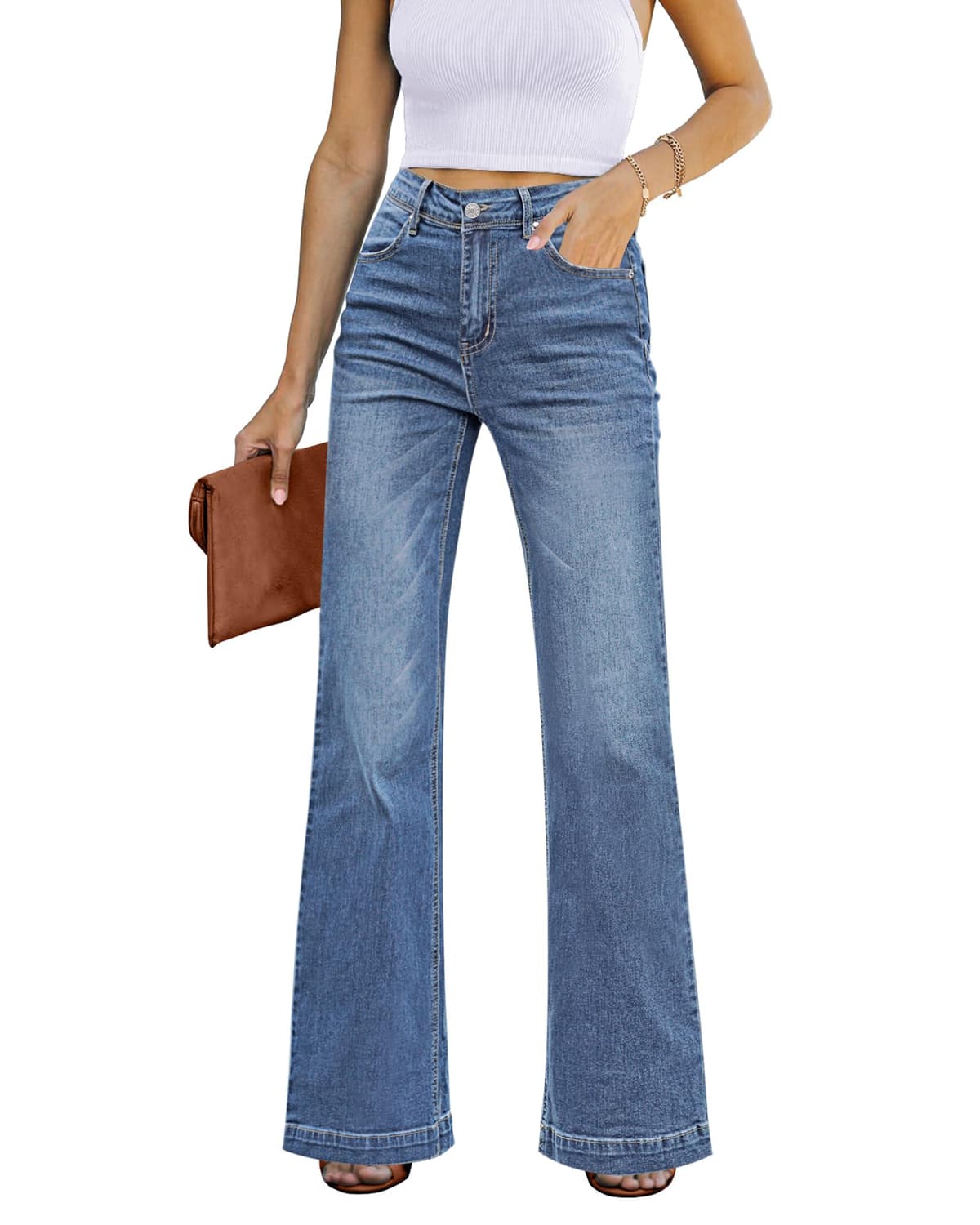 GRAPENT Womens Flare Jeans High Waisted Wide Leg Baggy Jean for Women Stretch Denim Pants - 54% off