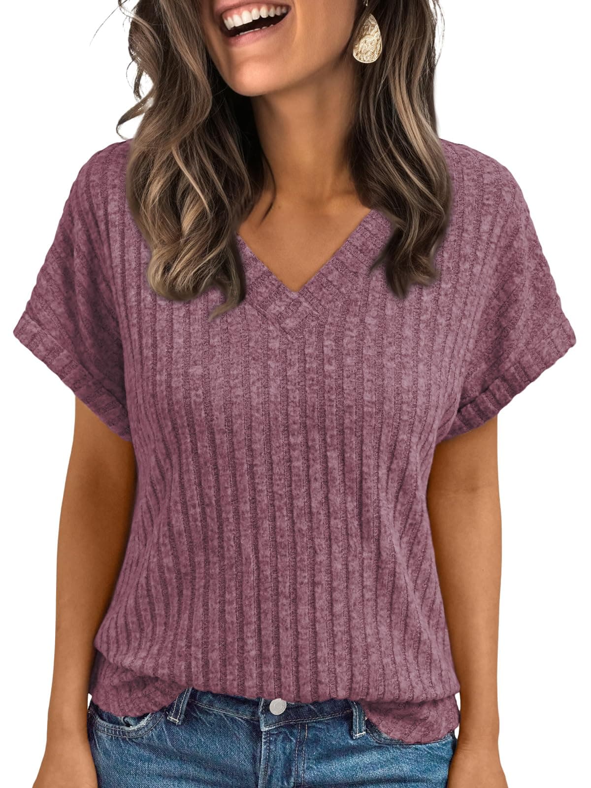 AUTOMET Womens Spring Tops 2026 Summer Dressy Casual Blouses Short Sleeve Cute V Neck Sweater Shirts Fashion Vacation Clothes - 56% off