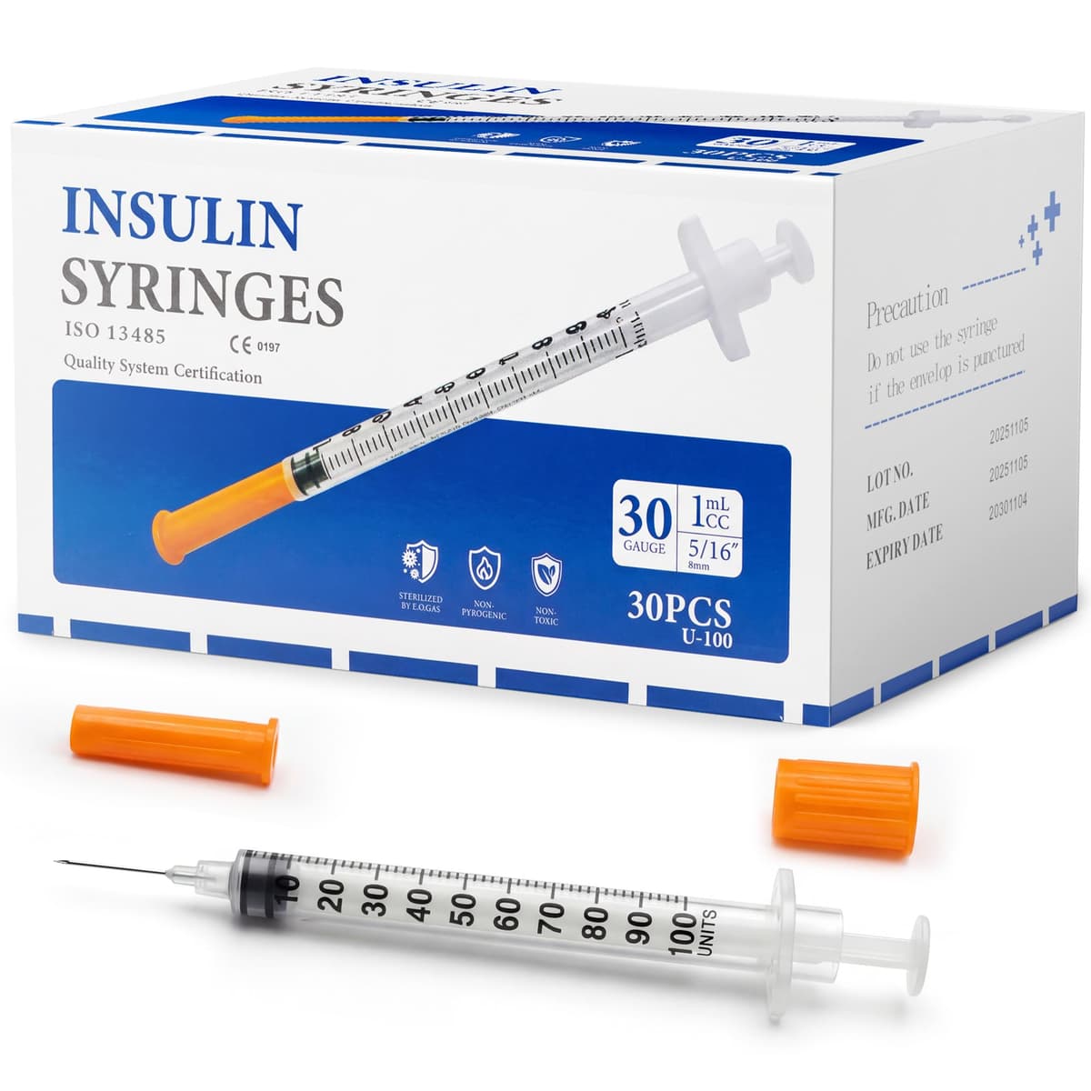 Disposable Insulin Syringe with Needle, U-100 30G 1cc 5/16-Inch (8mm), Individually Packed,Box of 30 - 80% off