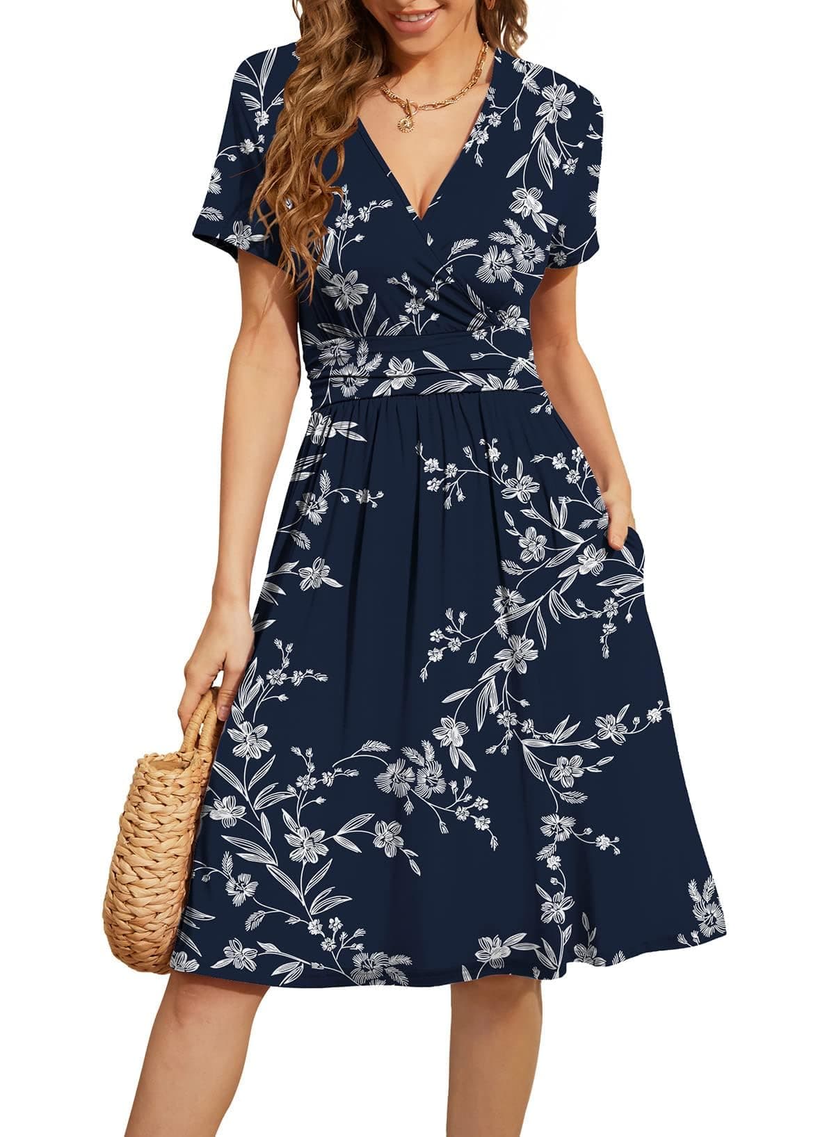 WEACZZY Women's Summer Short Sleeve Casual Dresses V-Neck Floral Party Dress with Pockets - 58% off
