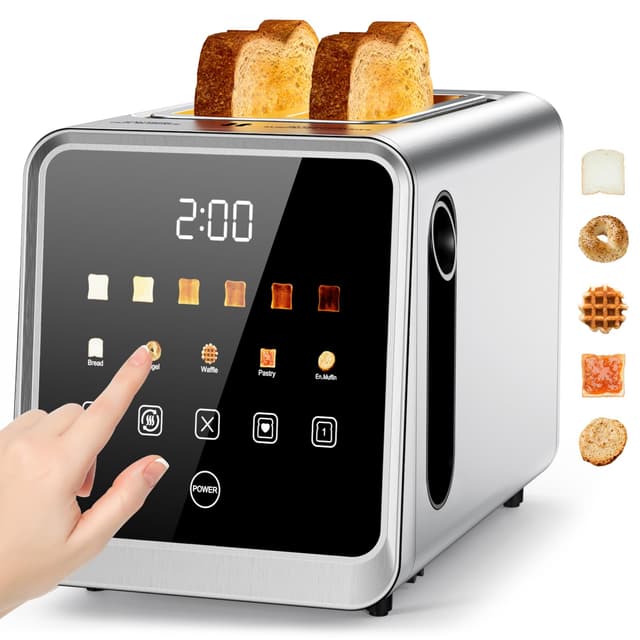 Toaster 2 Slice with Touchscreen, 1.5" Wide Slots & Memory Recall | 900W Stainless Steel Smart Digital Toasters | 6 Shade Settings for Bagels & Thick Bread | Defrost Reheat Single-Slice Mode - 71% off