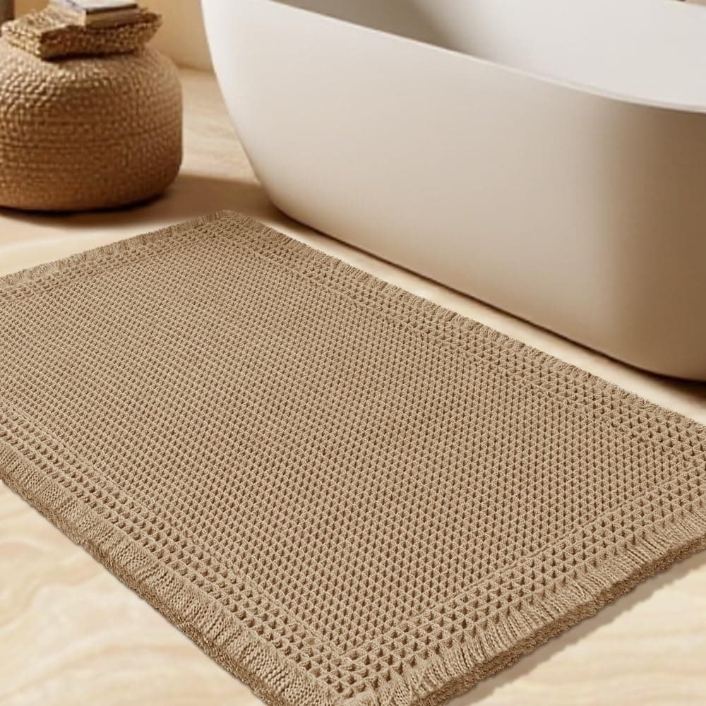 Upgrade Waffle Bath Mat, Boho Bathroom Rugs Absorbent Non Slip, Ultra Soft Bathroom Mat, Machine Washable Knit Bath Rugs with Border for Bathroom, Bedroom, Kitchen, Shower, Tub, 32"x20", Beige - 70% off