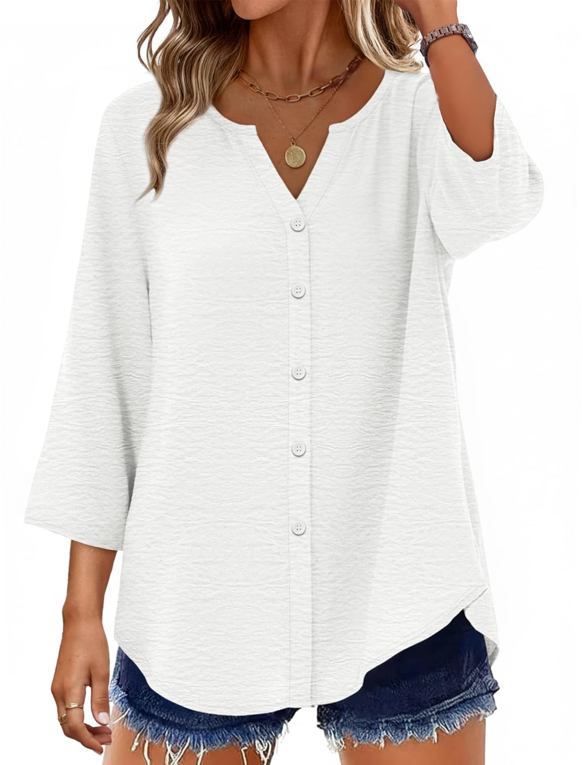 OFEEFAN Button Down Shirts for Women 3/4 Length Sleeve Tops V Neck Blouses Business Casual Outfits Loose Fit - 62% off