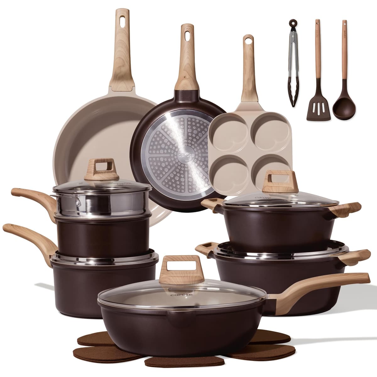 CAROTE 21 PCS Ceramic Cookware Set, Pots and Pans Set Non Stick, Pot and Pan Set with Frying Pan, Induction Ready Cooking Set for Kitchen, PFOS/PFOA/PFAS Free, Brown - 52% off