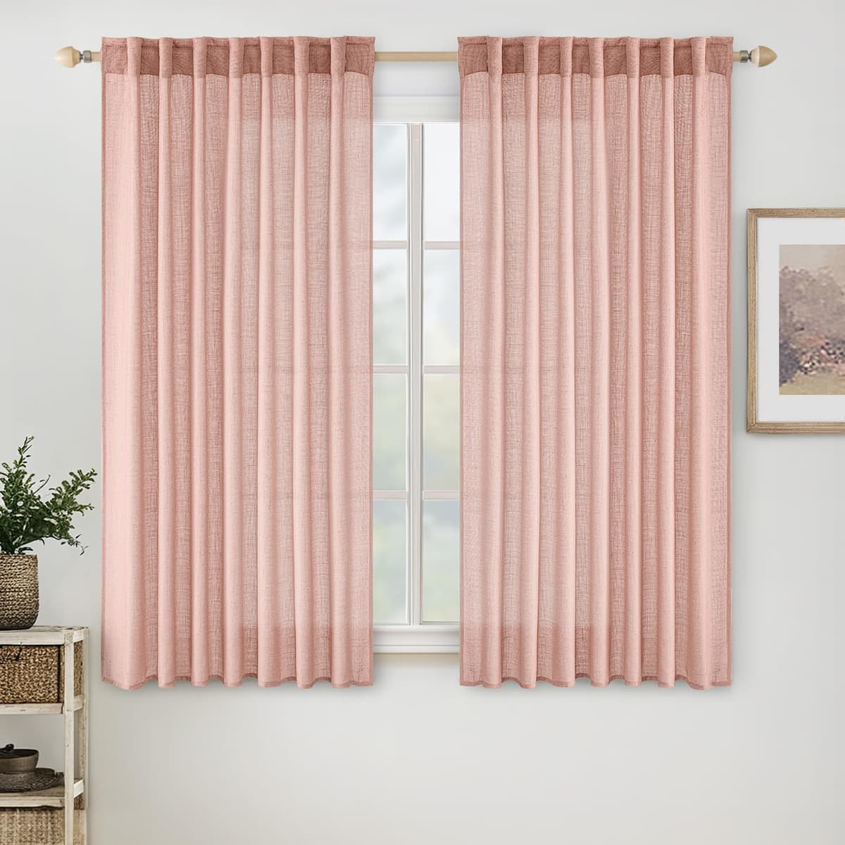 MIULEE Blush Pink Linen Curtains 63 Inch Length 2 Panels for Girls Bedroom Nursery, Soft Thick Linen Textured Kitchen Window Drapes Semi Sheer Light Filtering Back Tab for Kids Living Room Light Pink - 55% off