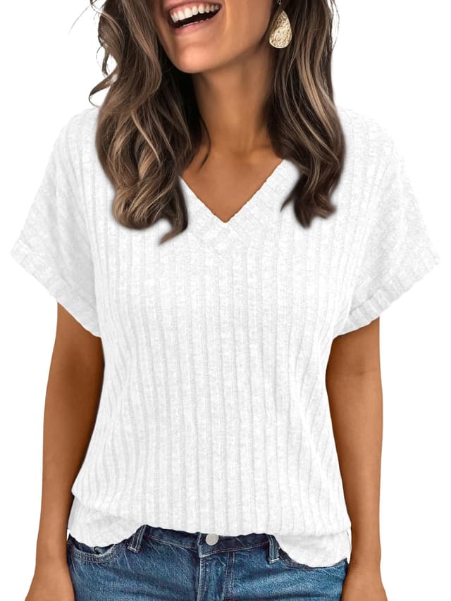 AUTOMET Womens Spring Tops 2026 Summer Dressy Casual Blouses Short Sleeve Cute V Neck Sweater Shirts Fashion Vacation Clothes - 57% off