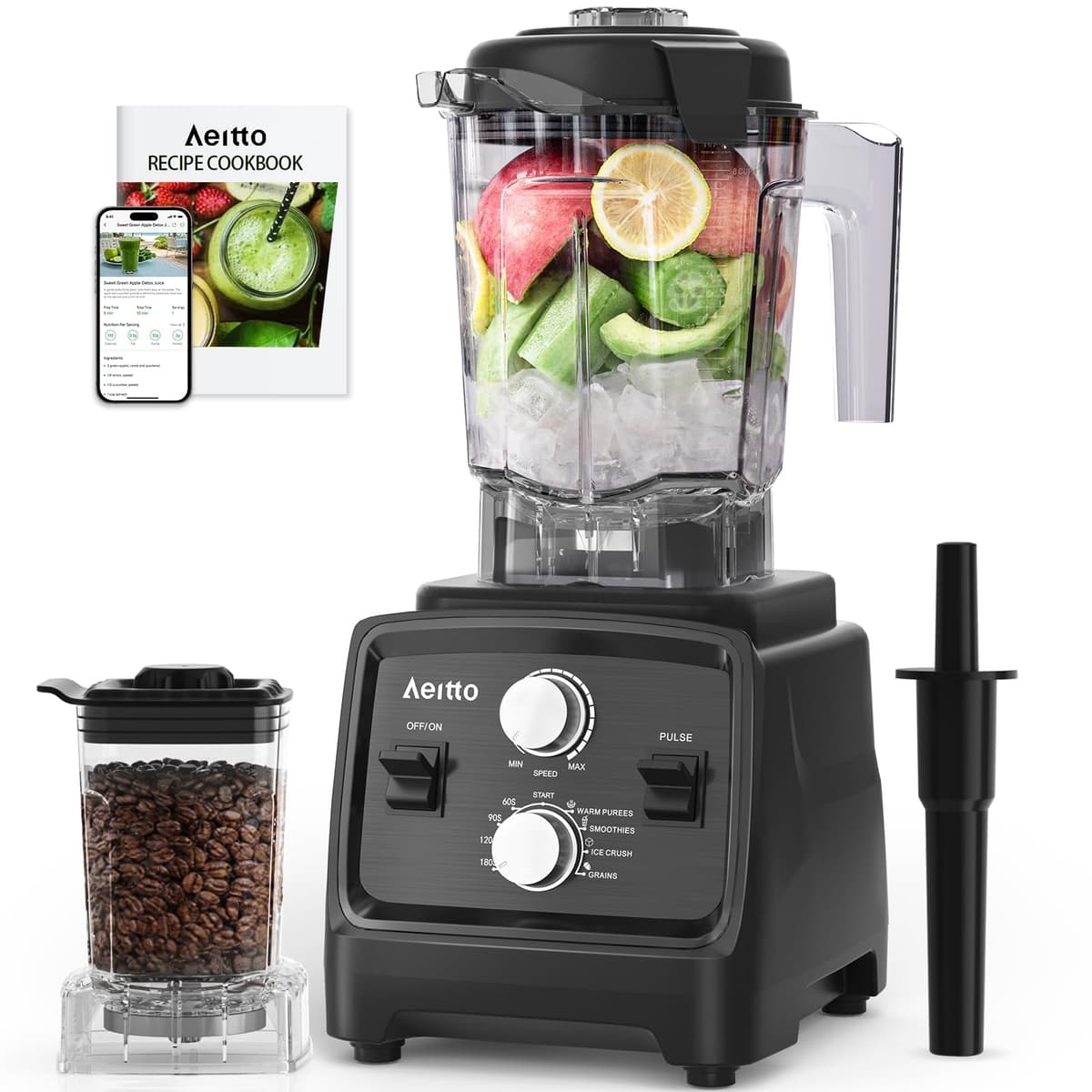 Aeitto Blenders for Kitchen with 1800W Motor, 68Oz. Large Capacity, 2-in-1 Blender & Grinder Combo, BPA-Free Countertop Professional Blender for Smoothies, Ice Crush, Frozen Drinks, Black - 74% off