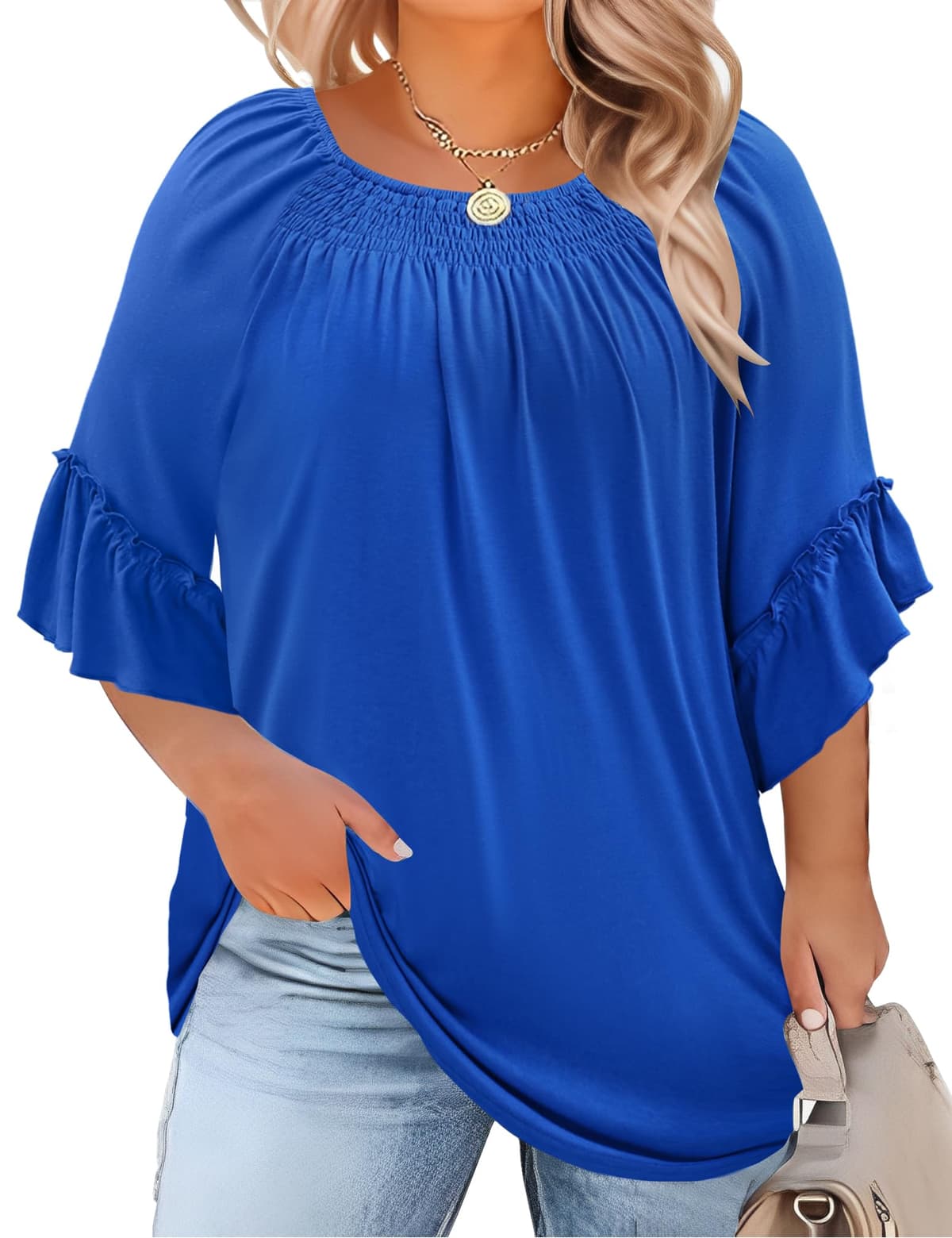 Micoson Womens Plus Size Tops 3/4 Ruffle Sleeve Shirts Crewneck Pleated Blouses Dressy Casual Fashion Tunic Top (1X-5X) - 60% off