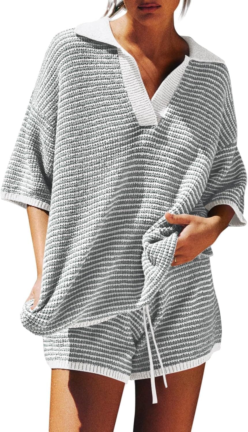 Tankaneo Womens Sweater Set 2 Piece Outfits Oversized 3/4 Sleeve V Neck Knit Tops High Waisted Shorts Lounge Sets - 50% off