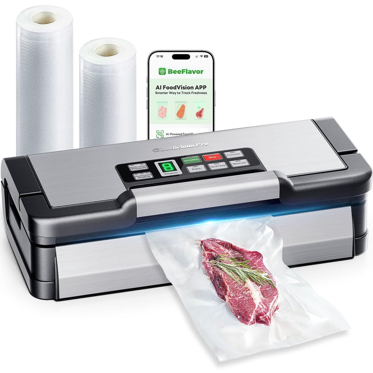 95kPa Vacuum Sealer Machine with AquaLock Technology, for Moist Seals, 2X Seal & 130W, Fully Automatic Food Sealer, Built-In Cutter, Bag Storage & Hose, Precision Sealing, 2 Bag Rolls,Stainless Steel - 69% off