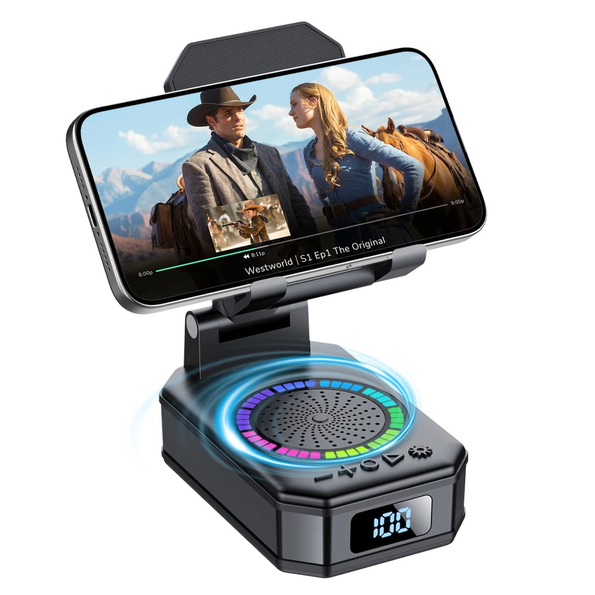 buwy Gifts for Men Women, Cell Phone Stand with Wireless Bluetooth Speaker and Colorful LED Lights, Anti-Slip Base HD Surround Sound, Rechargeable (3000mAh), Home and Outdoors Bluetooth Speaker Black - 70% off