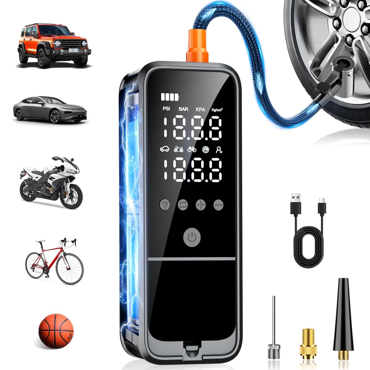 KZKB Tire Inflator Portable Air Compressor, 6000mAh Air Pump for Car Tires 160 PSI Portable Air Pump with Tire Gauge Pressure & LED Light & Auto Shut-Off Cordless Bike Pump for Car, Motor, Bike, Ball - 76% off