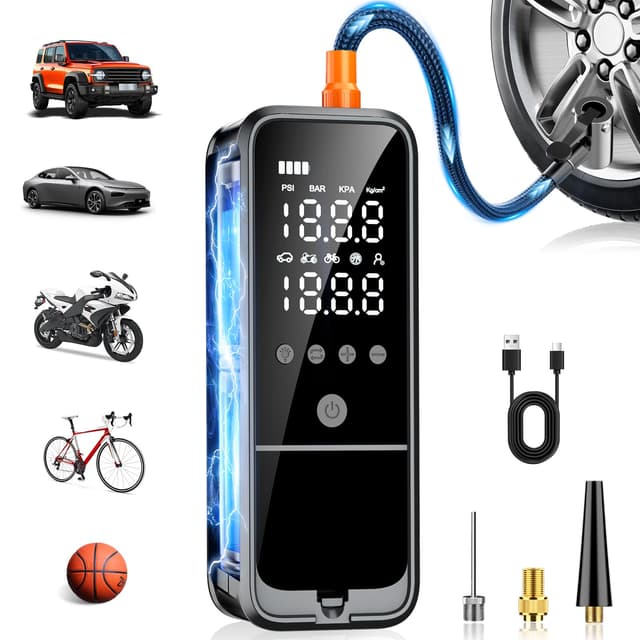 KZKB Tire Inflator Portable Air Compressor, 6000mAh Air Pump for Car Tires 160 PSI Portable Air Pump with Tire Gauge Pressure & LED Light & Auto Shut-Off Cordless Bike Pump for Car, Motor, Bike, Ball - 76% off