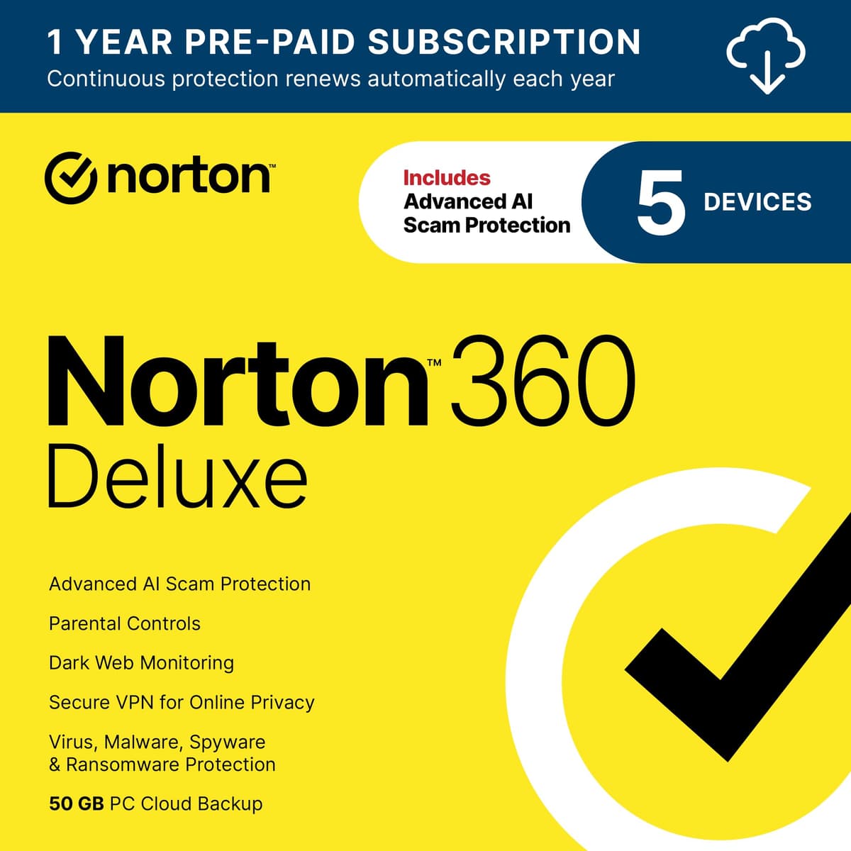 Norton 360 Deluxe 2026 Ready, Antivirus software for 5 Devices with Auto-Renewal – Includes Advanced AI Scam Protection, VPN, Dark Web Monitoring & PC Cloud Backup [Download] - 72% off