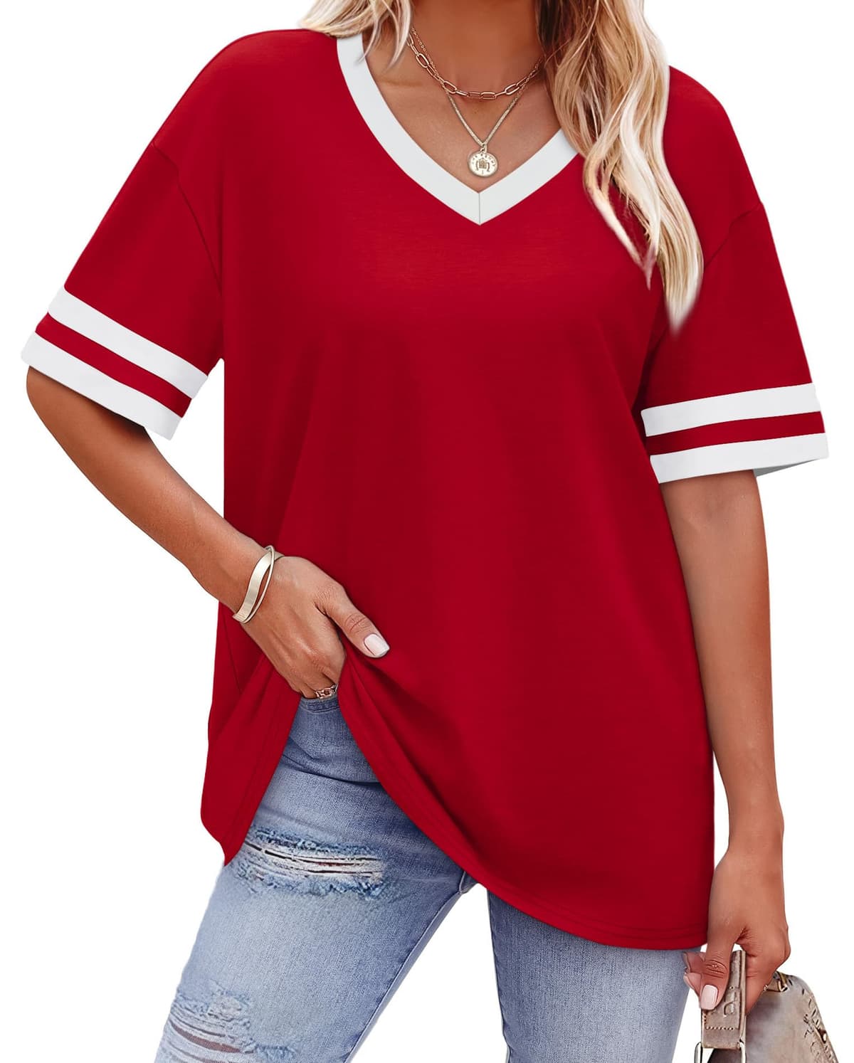 WIHOLL Womens T Shirts Loose Fit Short Sleeve Tees V Neck Color Block Summer Tops 2026 Fashion S-3XL - 60% off