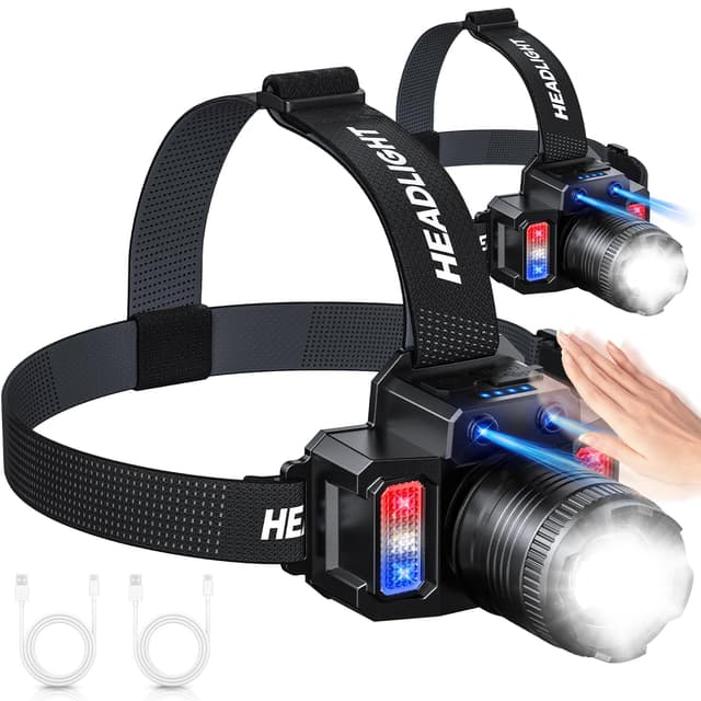 Headlamp Rechargeable 2 Pack, Motion Sensor Headlamp Super Bright LED Flashlight with 5 Lighting Modes, Zoomable Spotlight & Floodlight, Waterproof 360° Adjustable Head Lamp for Camping Hiking Running - 78% off