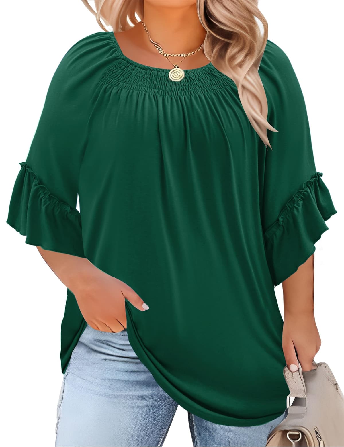 Micoson Womens Plus Size Tops 3/4 Ruffle Sleeve Shirts Crewneck Pleated Blouses Dressy Casual Fashion Tunic Top (1X-5X) - 70% off
