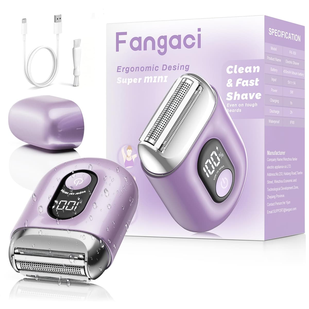 Fangaci Cordless Electric Razors for Women: Mini Electric Shaver with Big LED Display - Rechargeable Bikini Trimmer - IPX7 Waterproof Wet Dry for Face, Body & Legs (Birght Purle) - 71% off