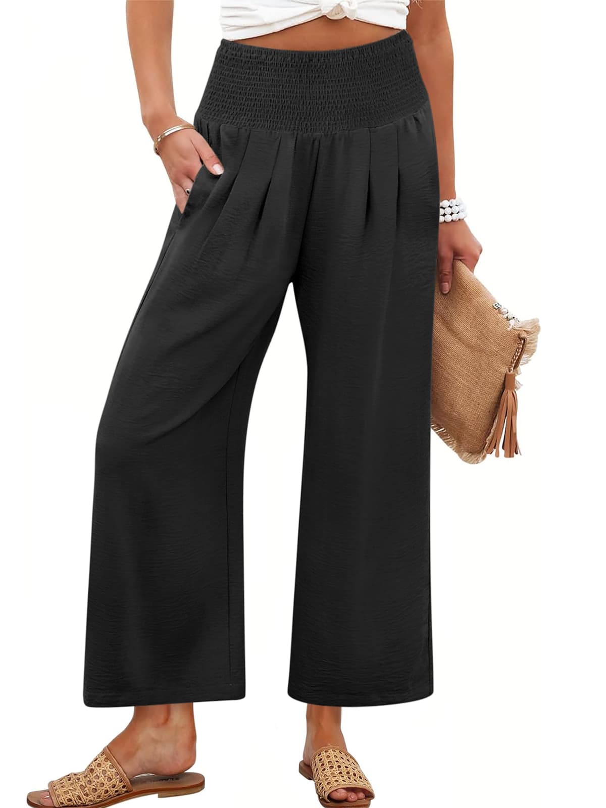 ANRABESS Womens Pants Wide Leg High Waisted Palazzo Pants Summer Flowy Beach Lounge Casual Trousers with Pockets - 50% off