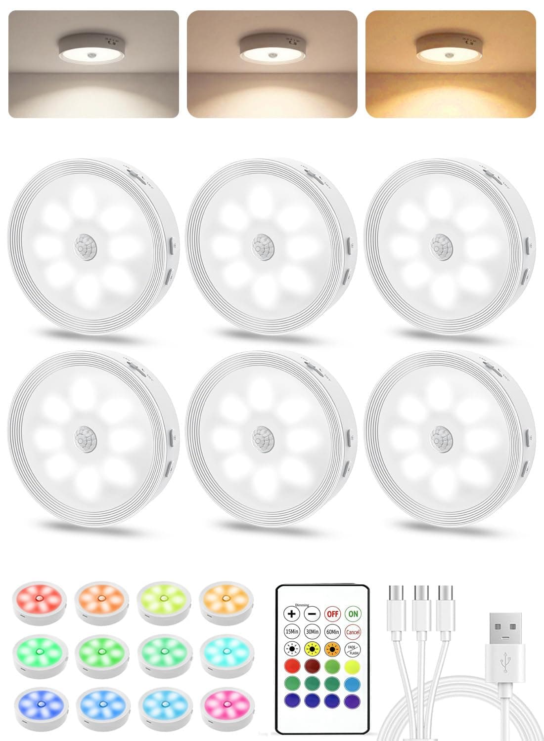 Under Cabinet Lighting, LED Puck Lights with Remote, Rechargeable Motion Sensor Lights Indoor, Dimmable Stick On Lights 3 Color Temps & 12 RGB Under Counter Lights for Kitchen, Closet White 6 Pack - 74% off