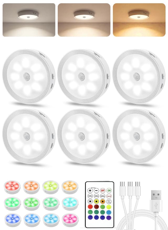 Under Cabinet Lighting, LED Puck Lights with Remote, Rechargeable Motion Sensor Lights Indoor, Dimmable Stick On Lights 3 Color Temps & 12 RGB Under Counter Lights for Kitchen, Closet White 6 Pack - 74% off