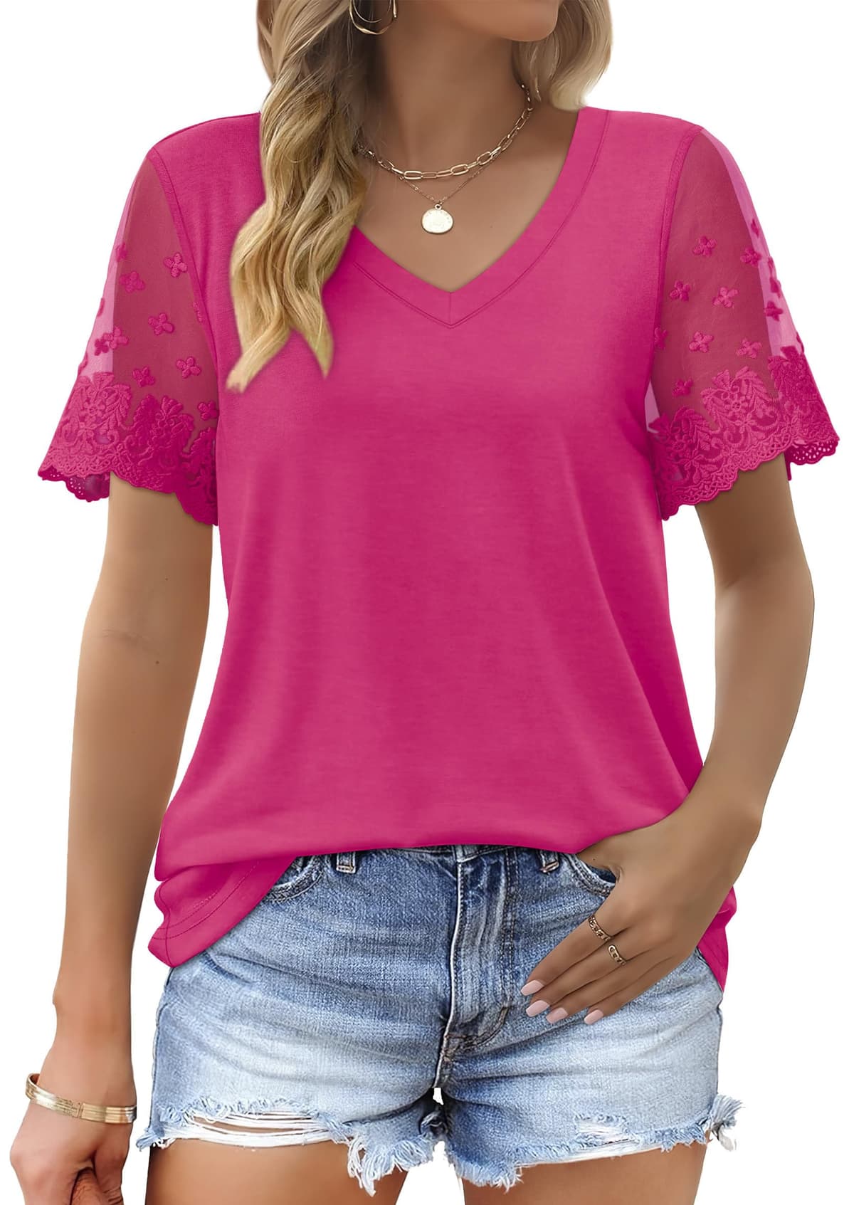 OFEEFAN Casual V Neck T Shirts for Women Lace Short Sleeve Curved Hem Tops Loose Fit - 60% off