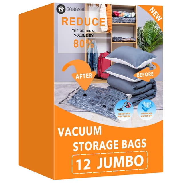 GONGSHI Vacuum Storage Bags, Space Saver Bags for Clothing,Blankets,Comforters, Pillows, Clothes,Travel,12 Jumbo - 69% off