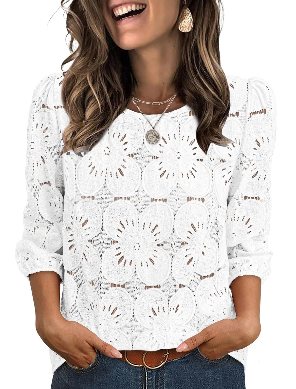 Sampeel Women Blouses Dressy Casual 3/4 Length Sleeve Tops Eyelet Lace Spring Summer Shirts Beach Vacation Clothes - 50% off