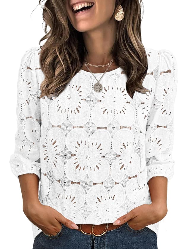 Sampeel Women Blouses Dressy Casual 3/4 Length Sleeve Tops Eyelet Lace Spring Summer Shirts Beach Vacation Clothes - 50% off
