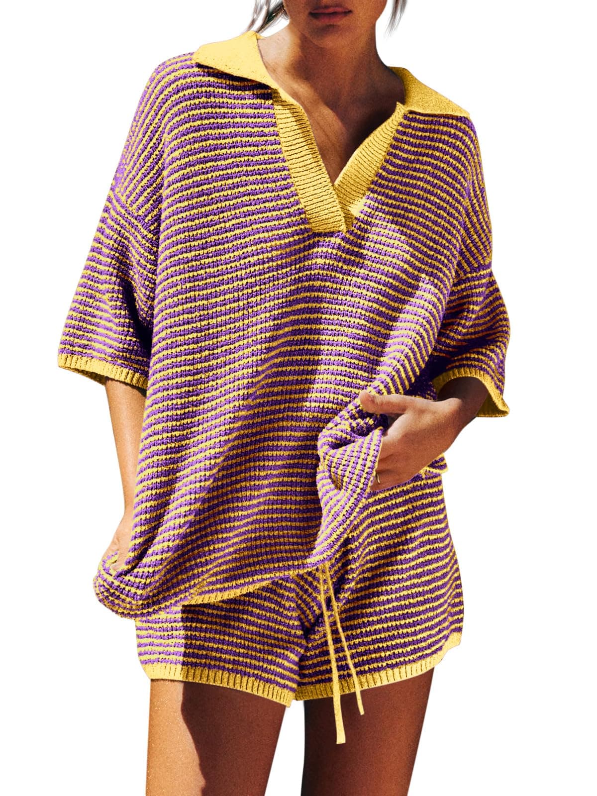 Tankaneo Womens Sweater Set 2 Piece Outfits Oversized 3/4 Sleeve V Neck Knit Tops High Waisted Shorts Lounge Sets - 52% off