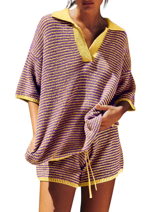 Tankaneo Womens Sweater Set 2 Piece Outfits Oversized 3/4 Sleeve V Neck Knit Tops High Waisted Shorts Lounge Sets - 52% off