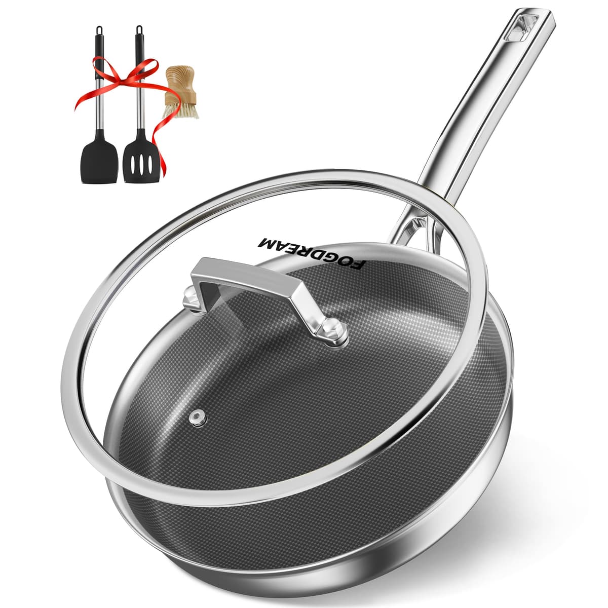 FogDream Non Stick Frying Pans, 10in Titanium Pans for Cooking, Hybrid Stainless Steel Skillet with Spatulas, PFOA Free Cookware, Stay Cool Handle, Dishwasher & Oven-Safe,Induction Compatible,Silver - 72% off