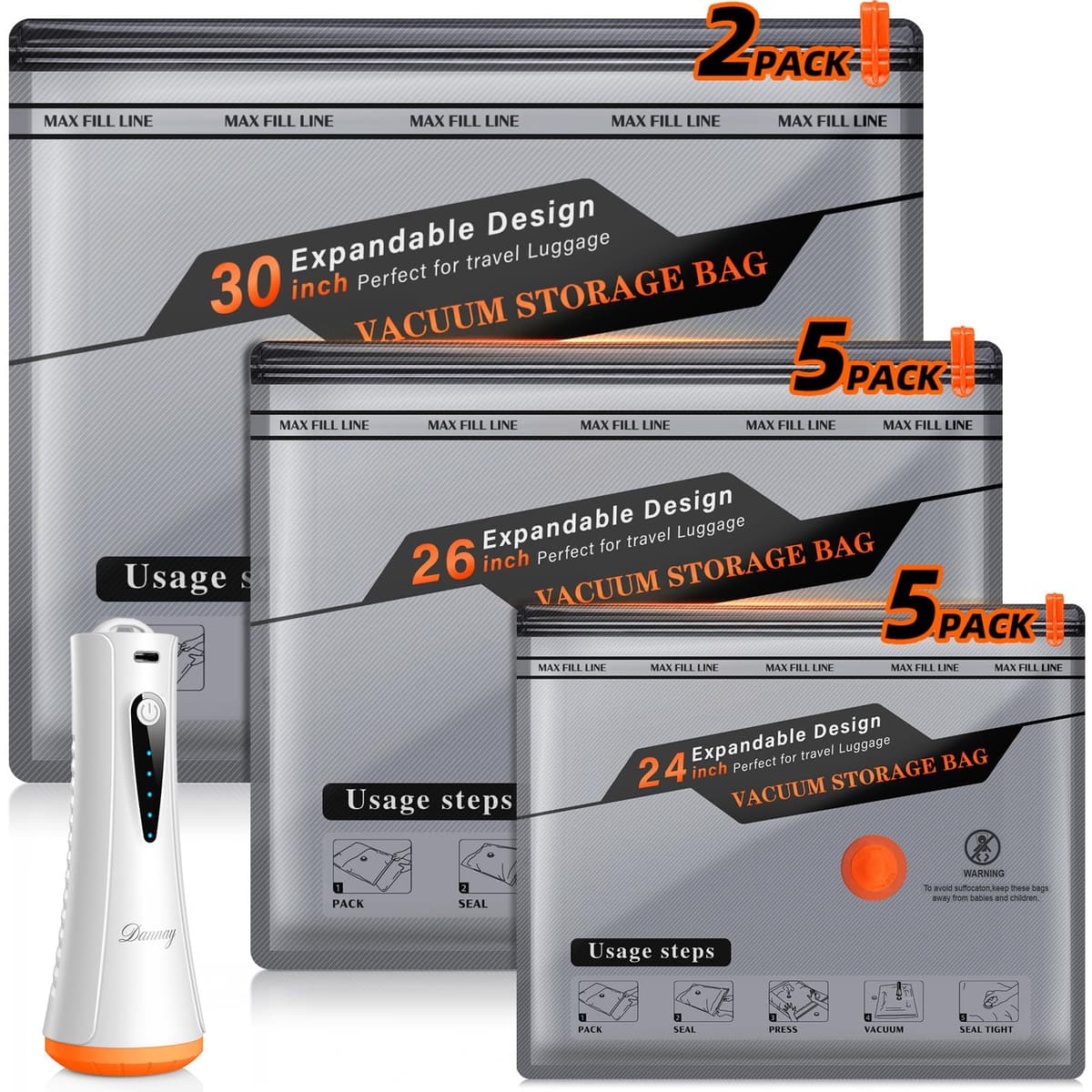 Vacuum Storage Bags for Travel with Rechargeable Air Pump, 12 Pack Space Saver Bags for Clothing, Luggage & Suitcase Compression, Efficient & Portable Storage Solution for Travel Essentials - 70% off