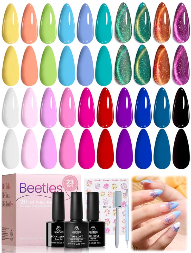 Beetles Gel Nail Polish Set - Magical Kingdom Cat Eye Gel Polish Kit, 20 Colors Bright Pink Blue White Black Green Purple Pastel, Soak Off LED UV with 3Pcs Base Top Coat Holiday Nail Gifts for Women - 60% off