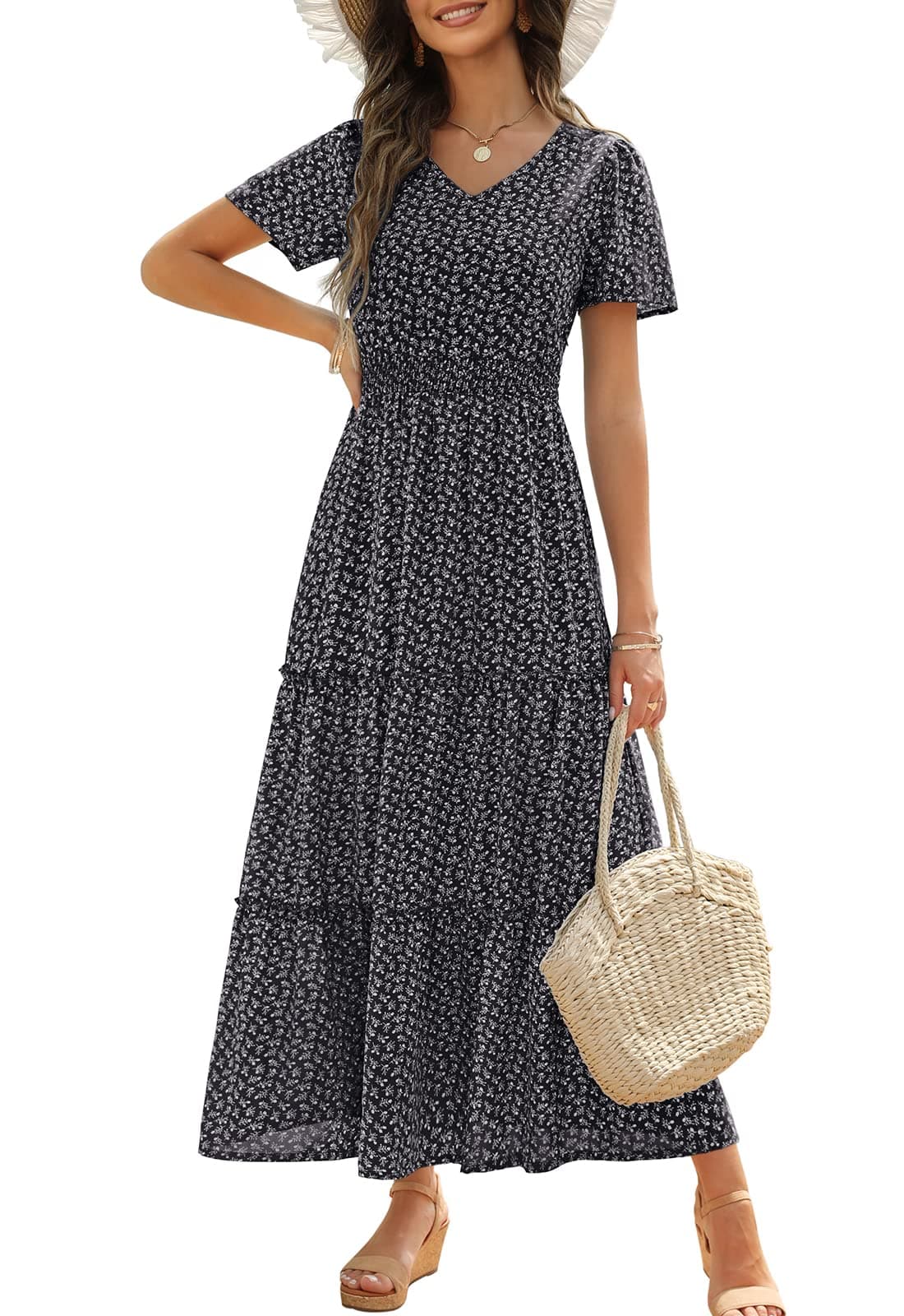 Zattcas Womens 2026 Long Summer Dress Short Flutter Sleeve V Neck Casual Smocked Tiered Modest Floral Boho Maxi Dress - 75% off