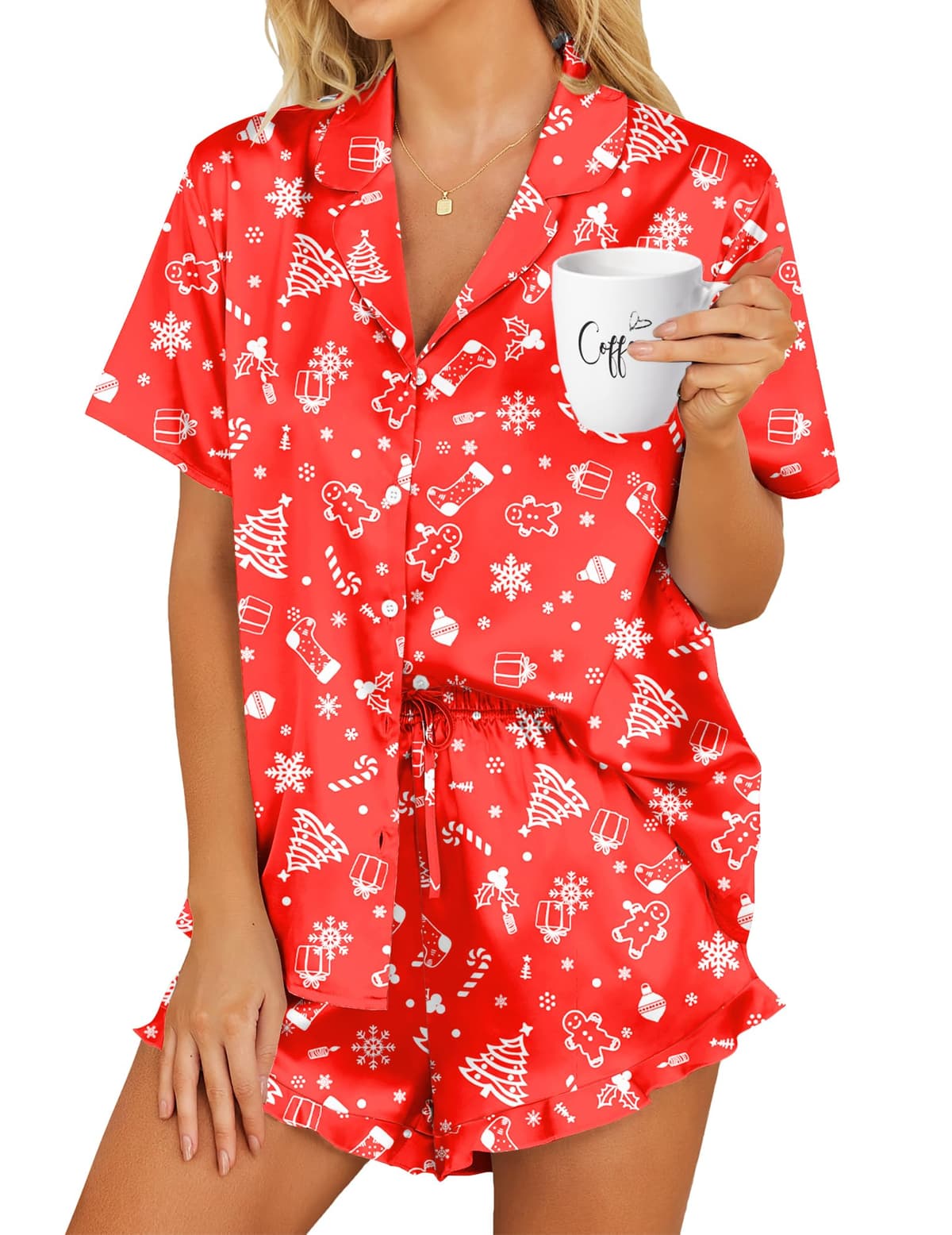 HOTOUCH Womens Satin Pajamas Set Button Down 2 Piece Silk Pjs Shorts Set Ruffle Lingerie Notch Collar Sleepwear - 67% off