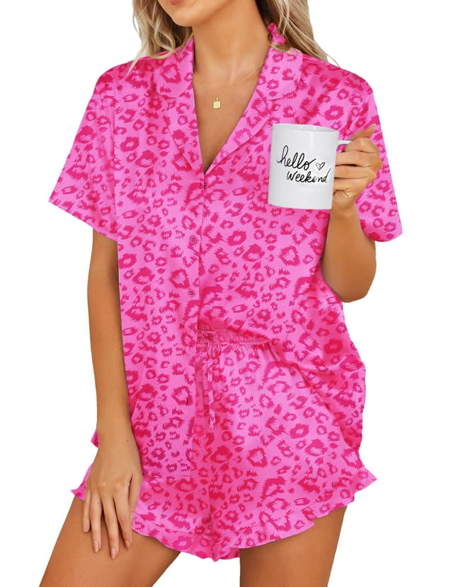 Ekouaer Womens Satin Pajamas Set Button Down 2 Piece Silk Pjs Shorts Set Ruffle Lingerie Notch Collar Sleepwear - 71% off