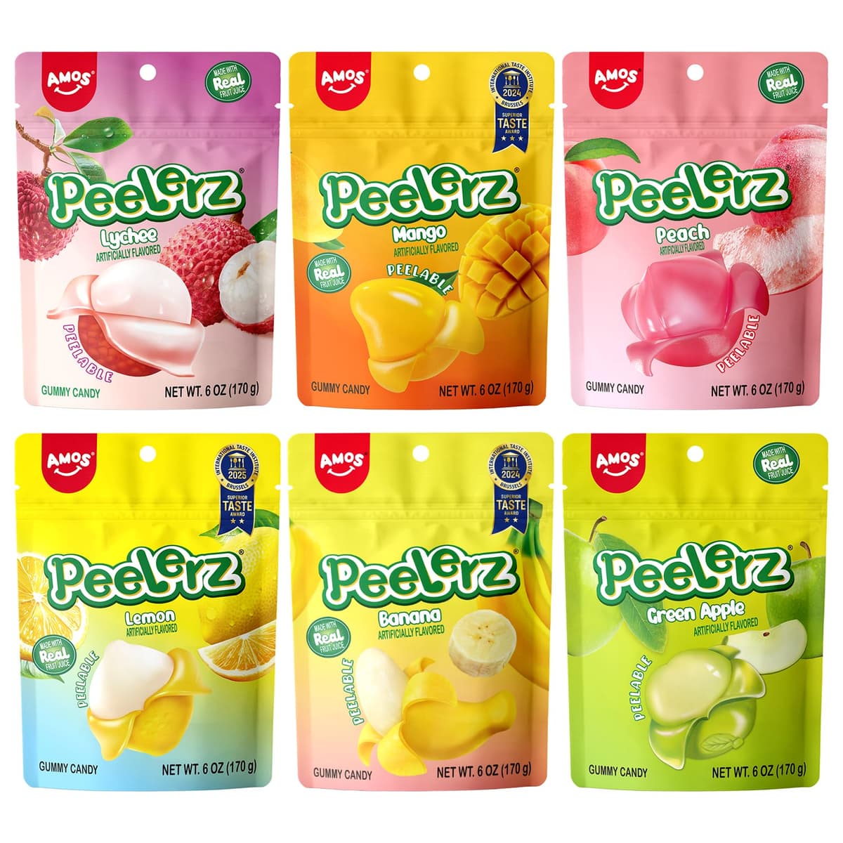 AMOS Peelerz Gummy Candy Variety Pack-6 Fruit Flavors (Mango, Banana, Lychee, Peach, Green Apple, Lemon),Soft & Chewy Fruit Snacks with Real Juice,Fun Peelable Candy for Kids & Adults,6 Bags - 60% off
