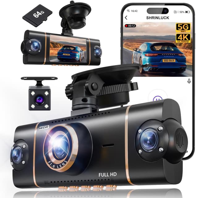 4 Channel 360° Dash Cam Front Rear Inside & Left Right,4K+1080P*3 FHD Car Camera,5GHz WiFi & App Control,8 IR Lamps Night Vision,24H Parking Mode,G-Sensor,Loop Recording,Includes 64GB SD Card（Black） - 70% off