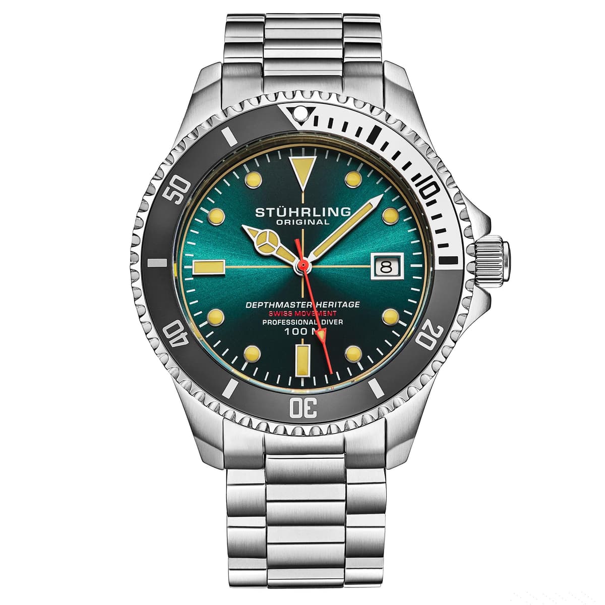 Stuhrling Depthmaster Heritage Diver Swiss Quartz Watch, 42mm, Teal Dial, Stainless Steel, 100M Water Resistant - 82% off