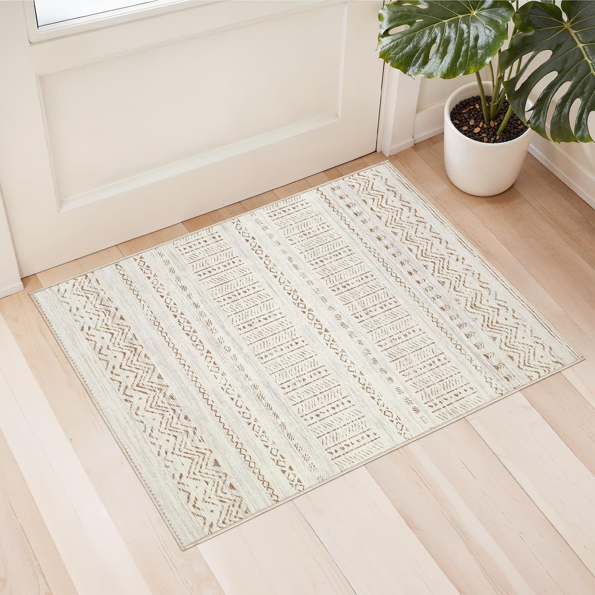 cotiled Washable 2x3 Entryway Rug: Washable Boho Rugs with Non Slip Backing Small Soft Indoor Stain Resistant Carpet for Kitchen Front Lightweight Home Decor Brown/Cream - 55% off