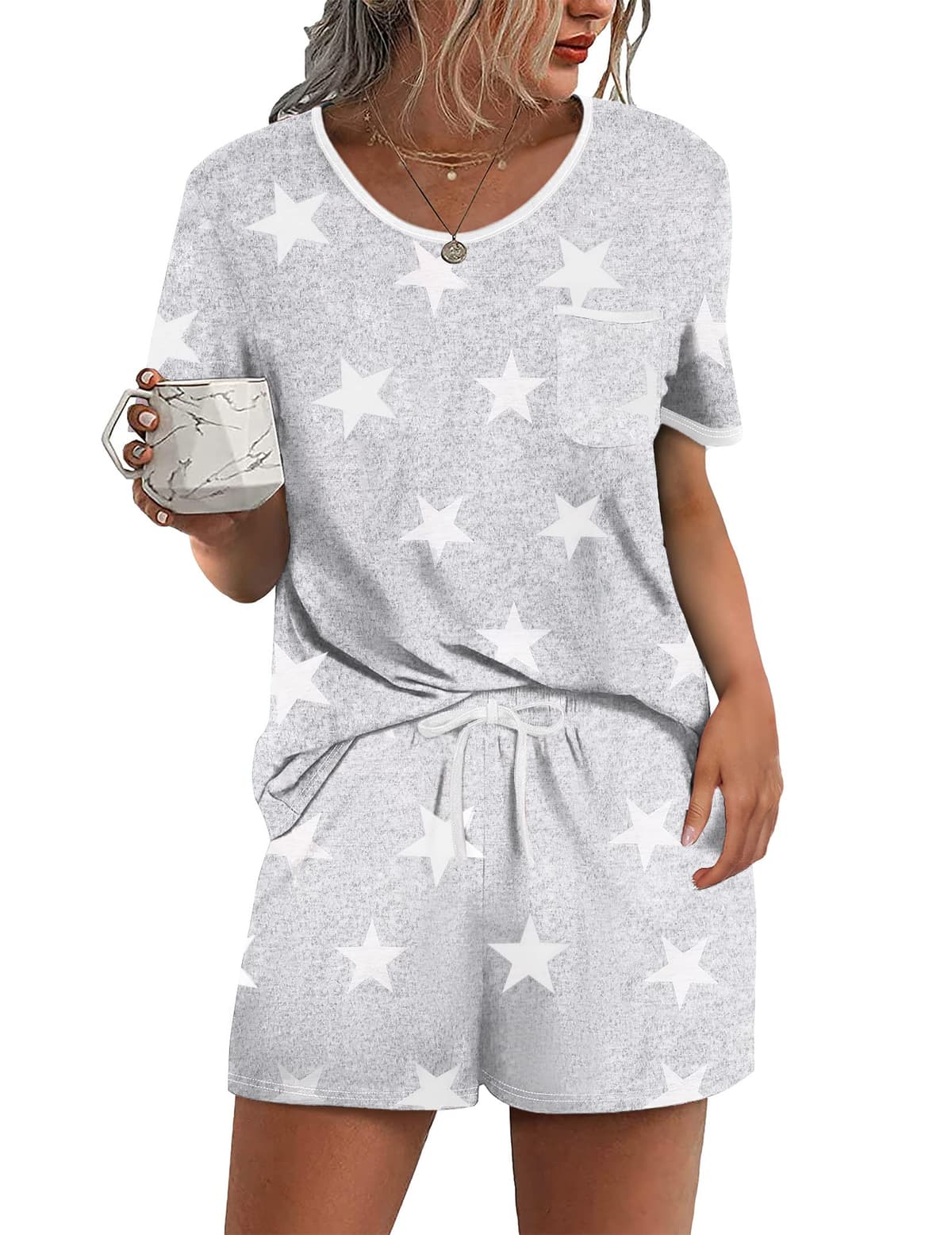 Ekouaer Pajama Set for Women 2 Piece Lounge Set Short Sleeve Tops and Shorts Soft Sleepwear, Chest Pocket - 50% off